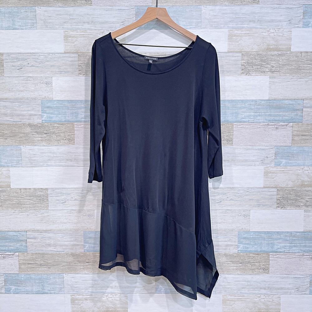 Eileen Fisher 100% Silk Asymmetric Sheer Mesh Hem Tunic Top Black Womens Large